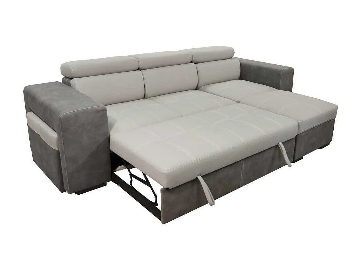 Canapé convertible méridienne réversible avec coffre + 2 poufs intégrés bicolore gris - CESAR