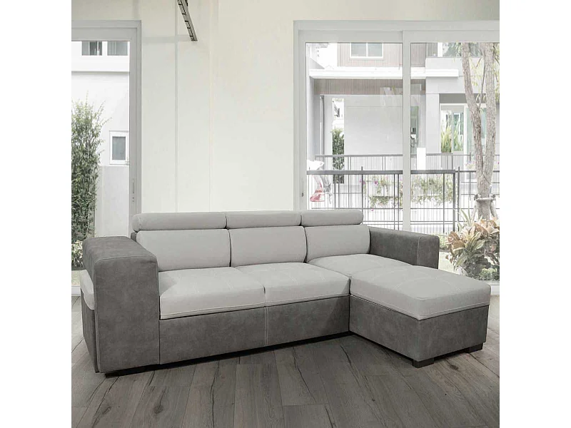 Canapé convertible méridienne réversible avec coffre + 2 poufs intégrés bicolore gris - CESAR