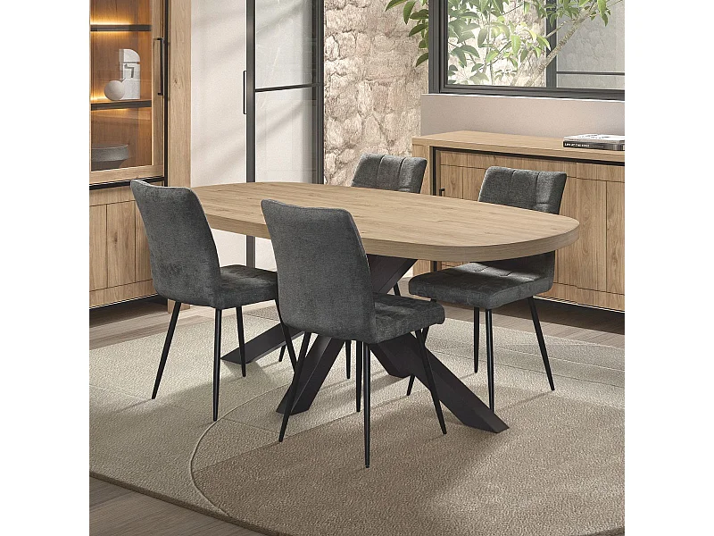 Table 210cm ovale aspect bois finition Castel Oak piètement étoile métal noir - CASTELLA