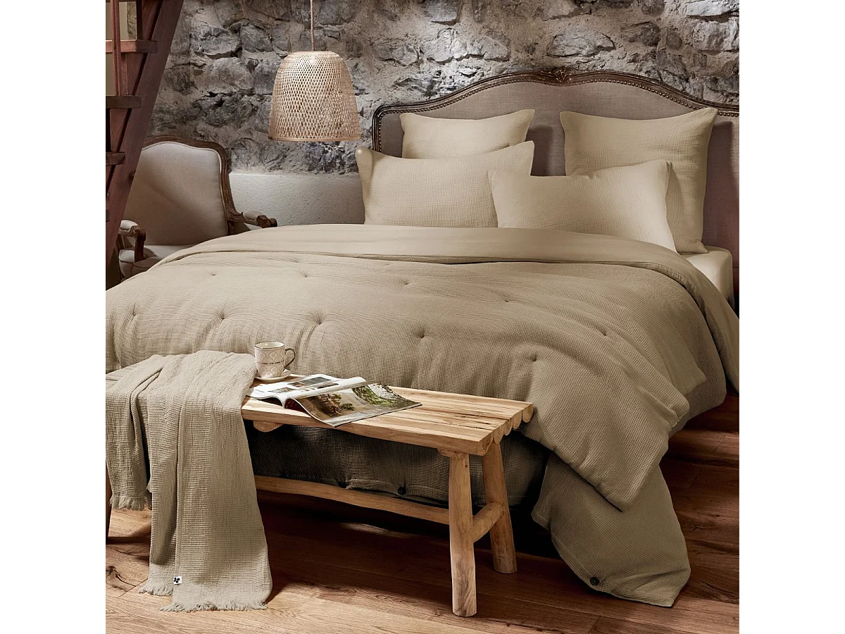 Chemin de lit 90x200cm en coton nid d'abeille coloris Ficelle - ALMARA