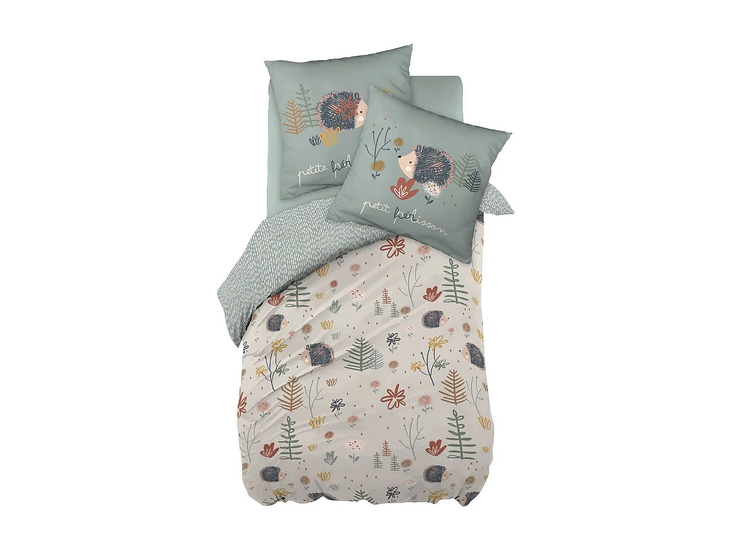 GEDEON - Parure de Lit Imprimé Hérisson Housse de Couette 240x220cm + 2 Taies d'Oreiller