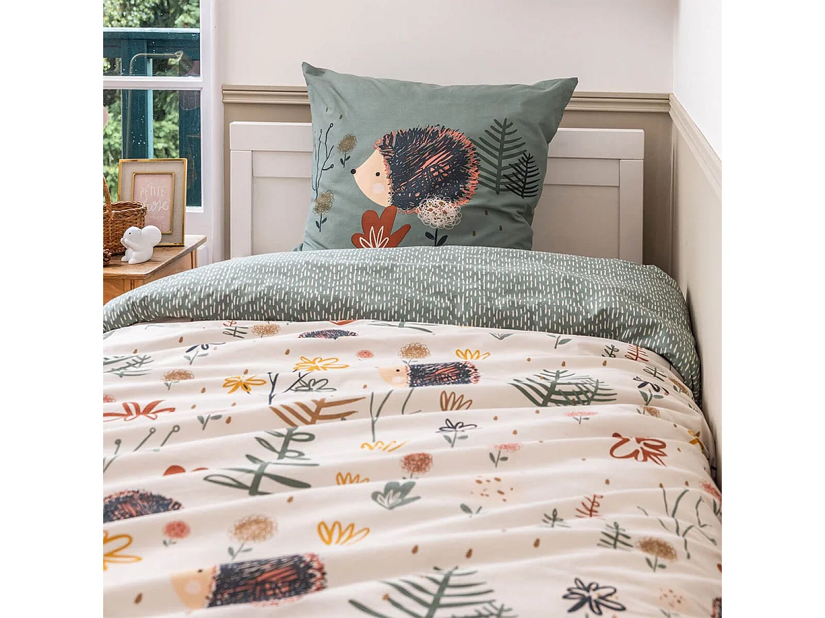 GEDEON - Parure de Lit Imprimé Hérisson Housse de Couette 240x220cm + 2 Taies d'Oreiller