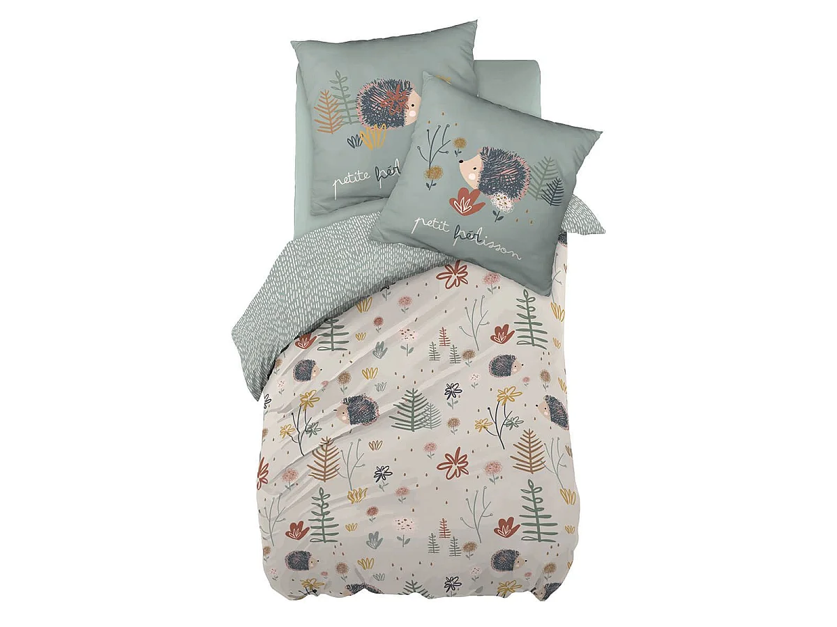 GEDEON - Parure de Lit Imprimé Hérisson Housse de Couette 240x220cm + 2 Taies d'Oreiller