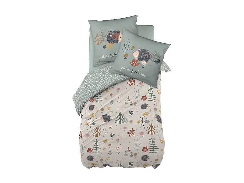 GEDEON - Parure de Lit Imprimé Hérisson Housse de Couette 240x220cm + 2 Taies d'Oreiller