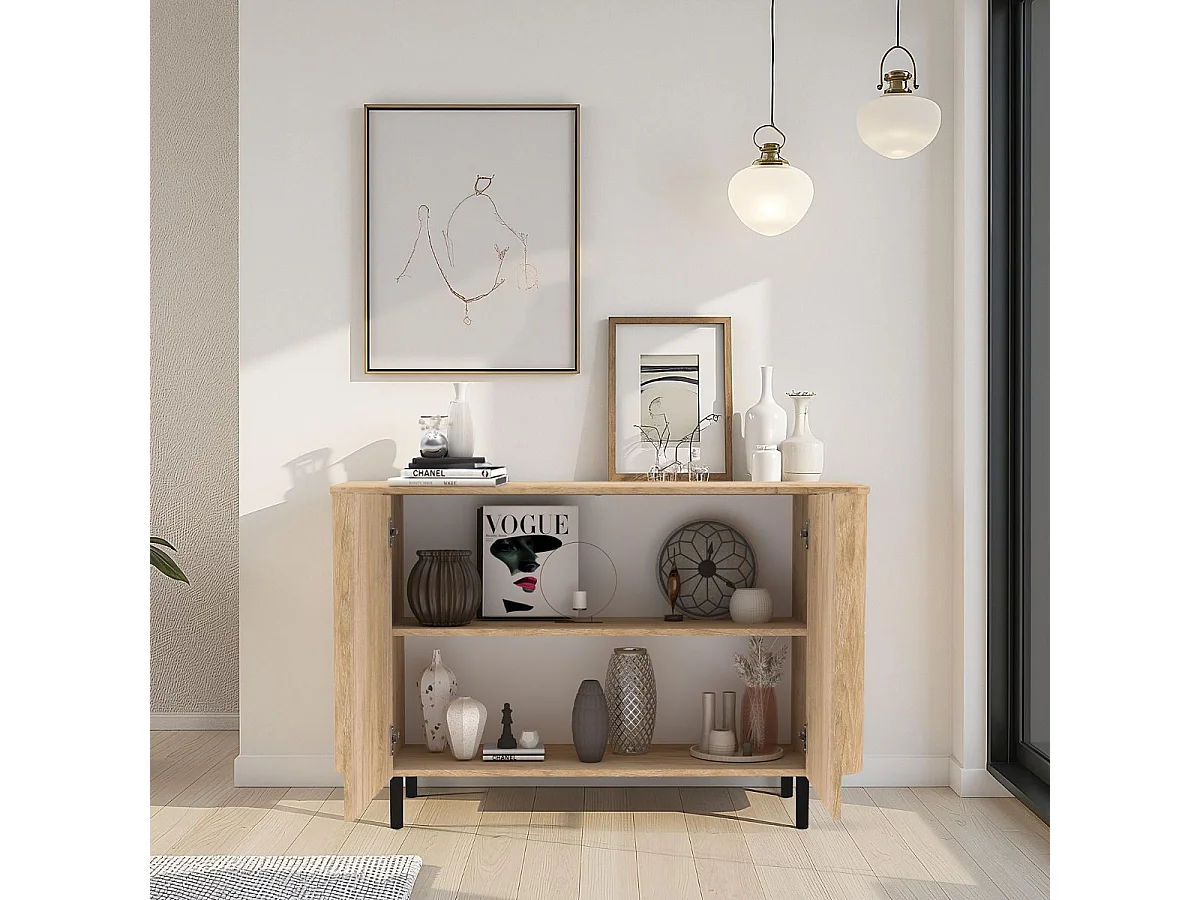 Buffet 2 portes aspect bois finition Cadiz design coins arrondis pieds métal noir - VIVARINI