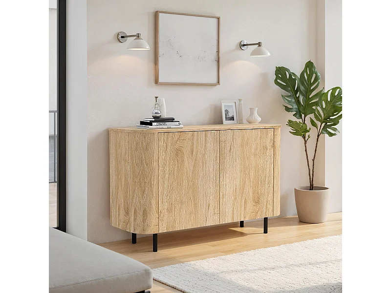 Buffet 2 portes aspect bois finition Cadiz design coins arrondis pieds métal noir - VIVARINI