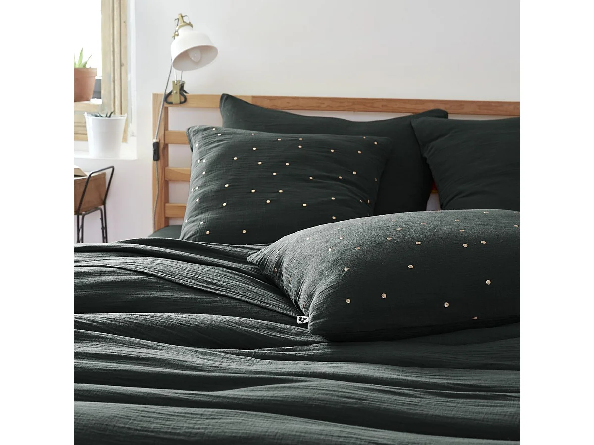 Taie d'Oreiller 60x60cm Gaze de Coton Sapin à Pois Dorés - OUREA MOTIF