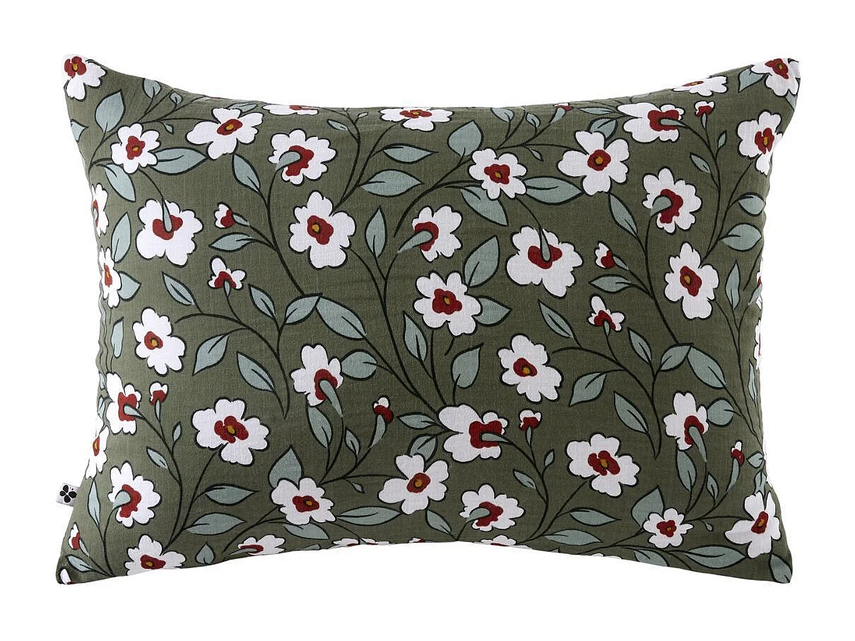 Taie d'oreiller 50x70cm gaze de coton imprimé Floral coloris vert - FLORIANE