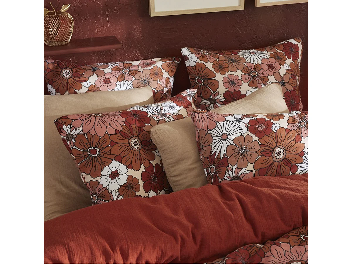 Taie d'oreiller 50x70cm gaze de coton imprimé Floral coloris terracotta - ANASTASIA