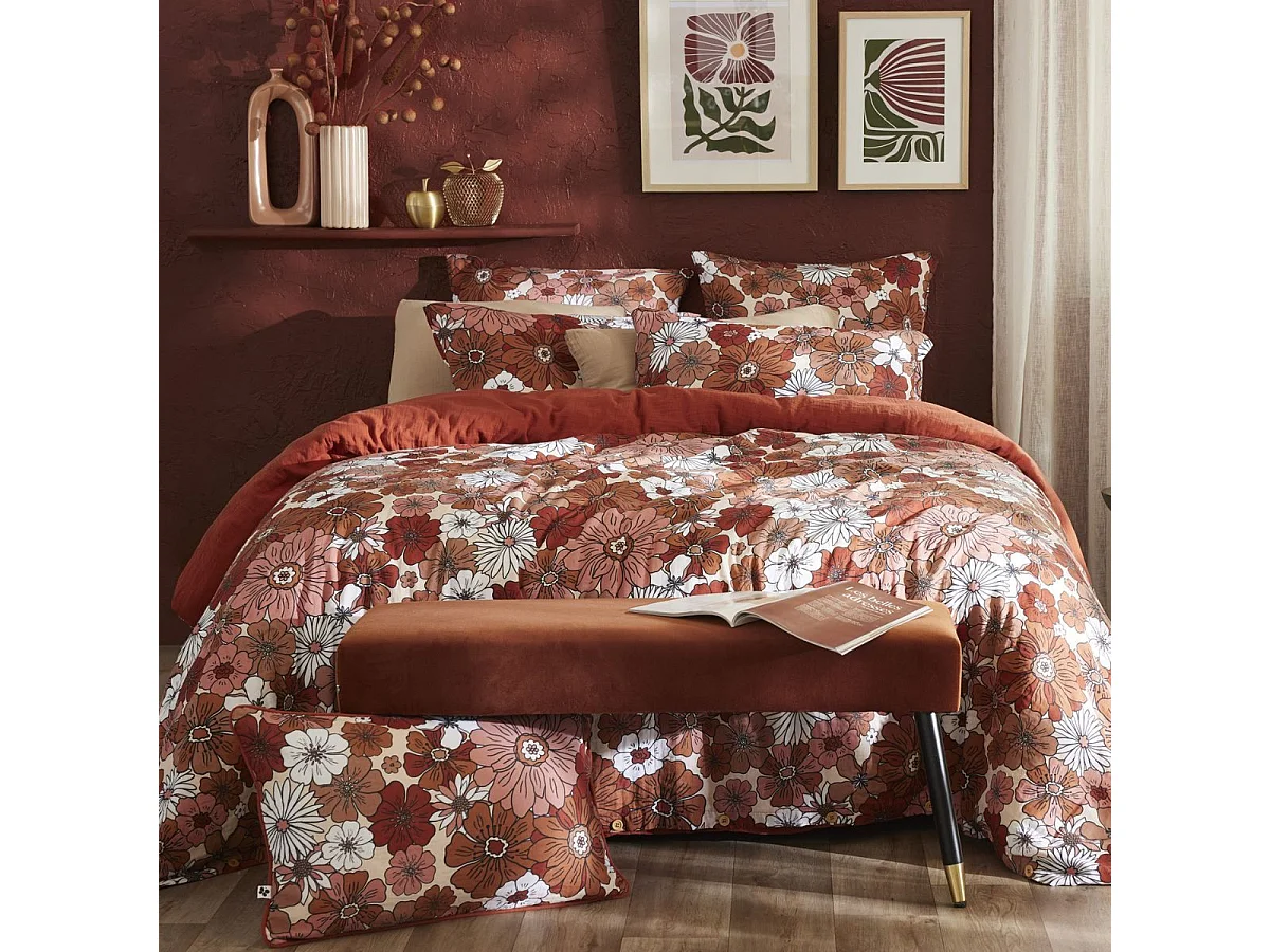 Taie d'oreiller 50x70cm gaze de coton imprimé Floral coloris terracotta - ANASTASIA