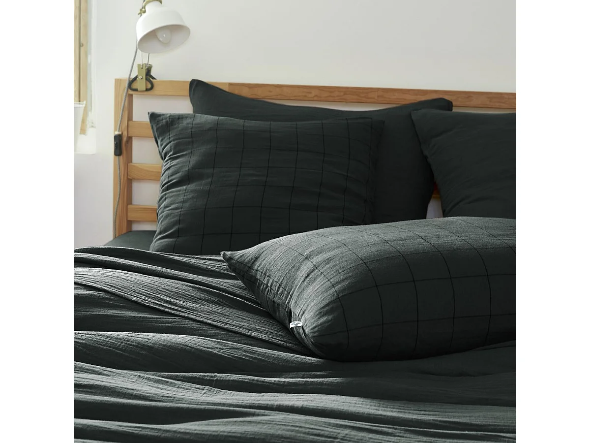 Taie d'Oreiller 60x60cm Gaze de Coton Sapin à Grands Carreaux - OUREA MOTIF