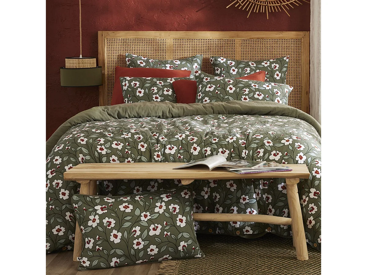 Housse de couette 240x220cm gaze de coton imprimé Floral coloris vert - FLORIANE