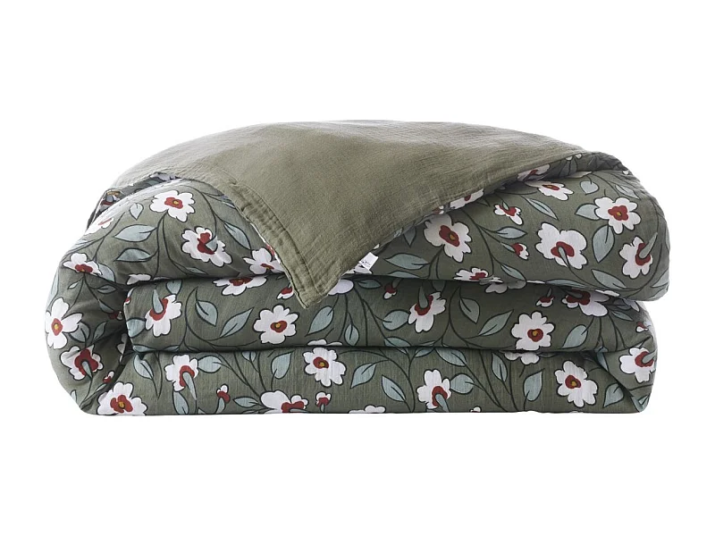 Housse de couette 240x220cm gaze de coton imprimé Floral coloris vert - FLORIANE