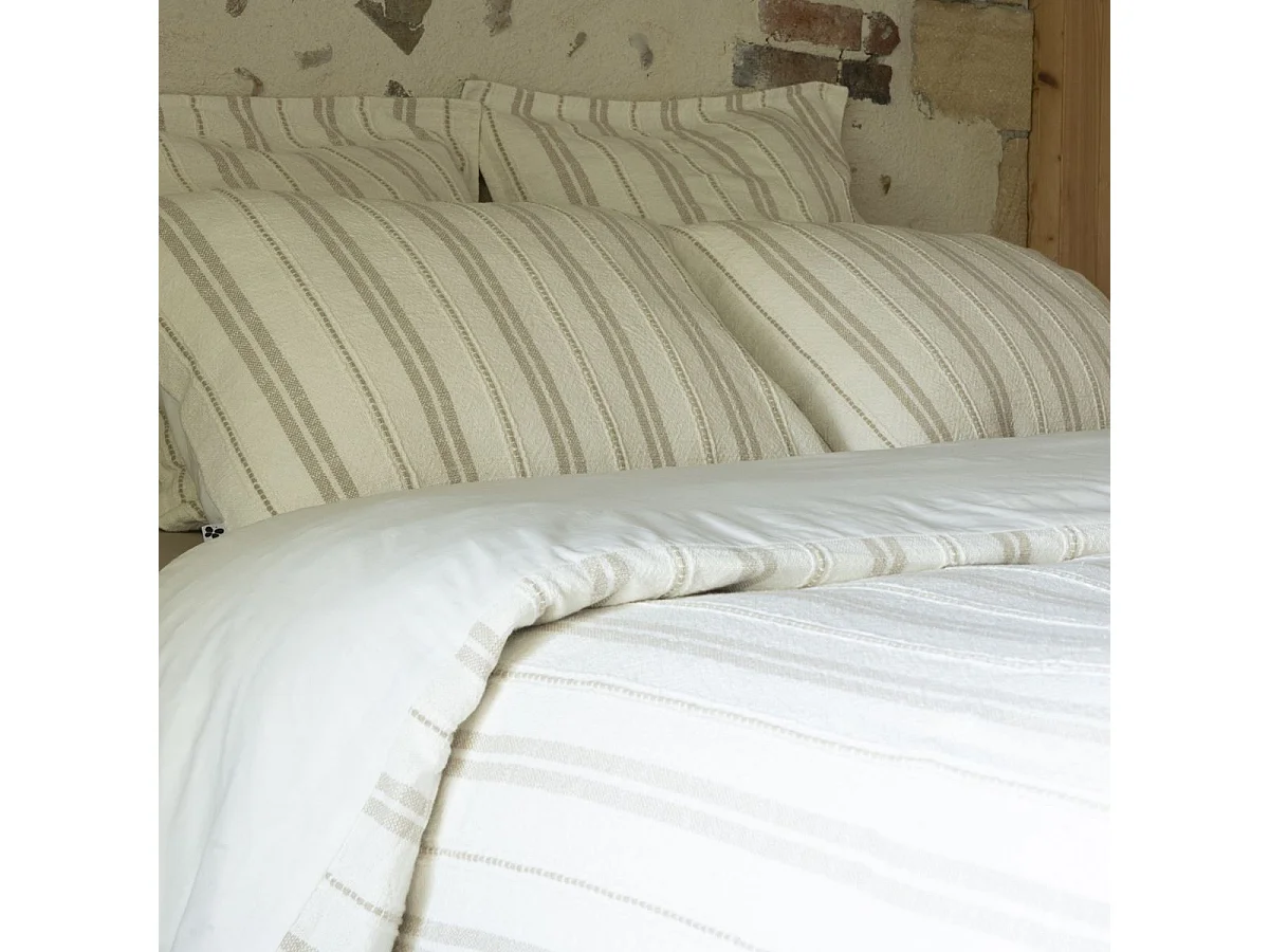 Housse de couette 240x220cm coton tissage texturé coloris blanc rayé beige - TITOUAN