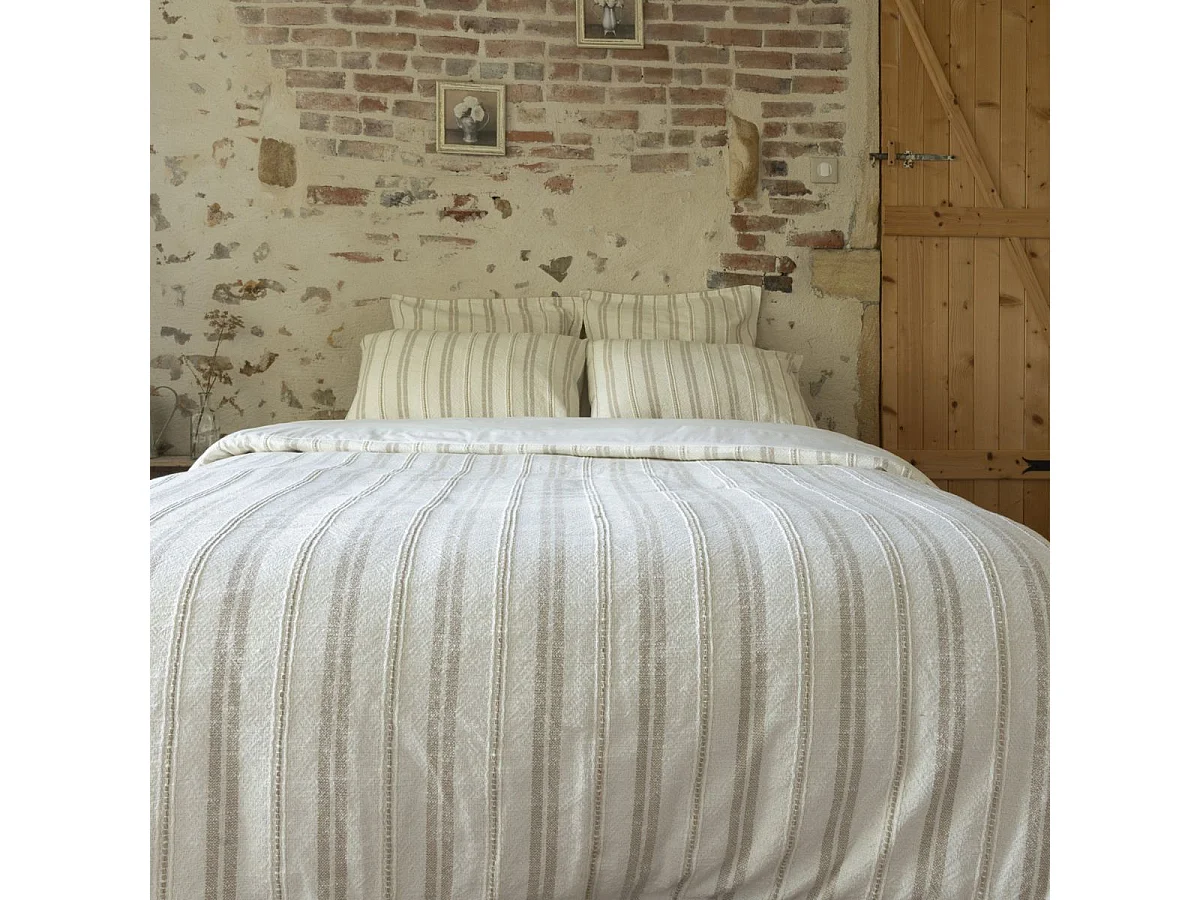 Housse de couette 240x220cm coton tissage texturé coloris blanc rayé beige - TITOUAN