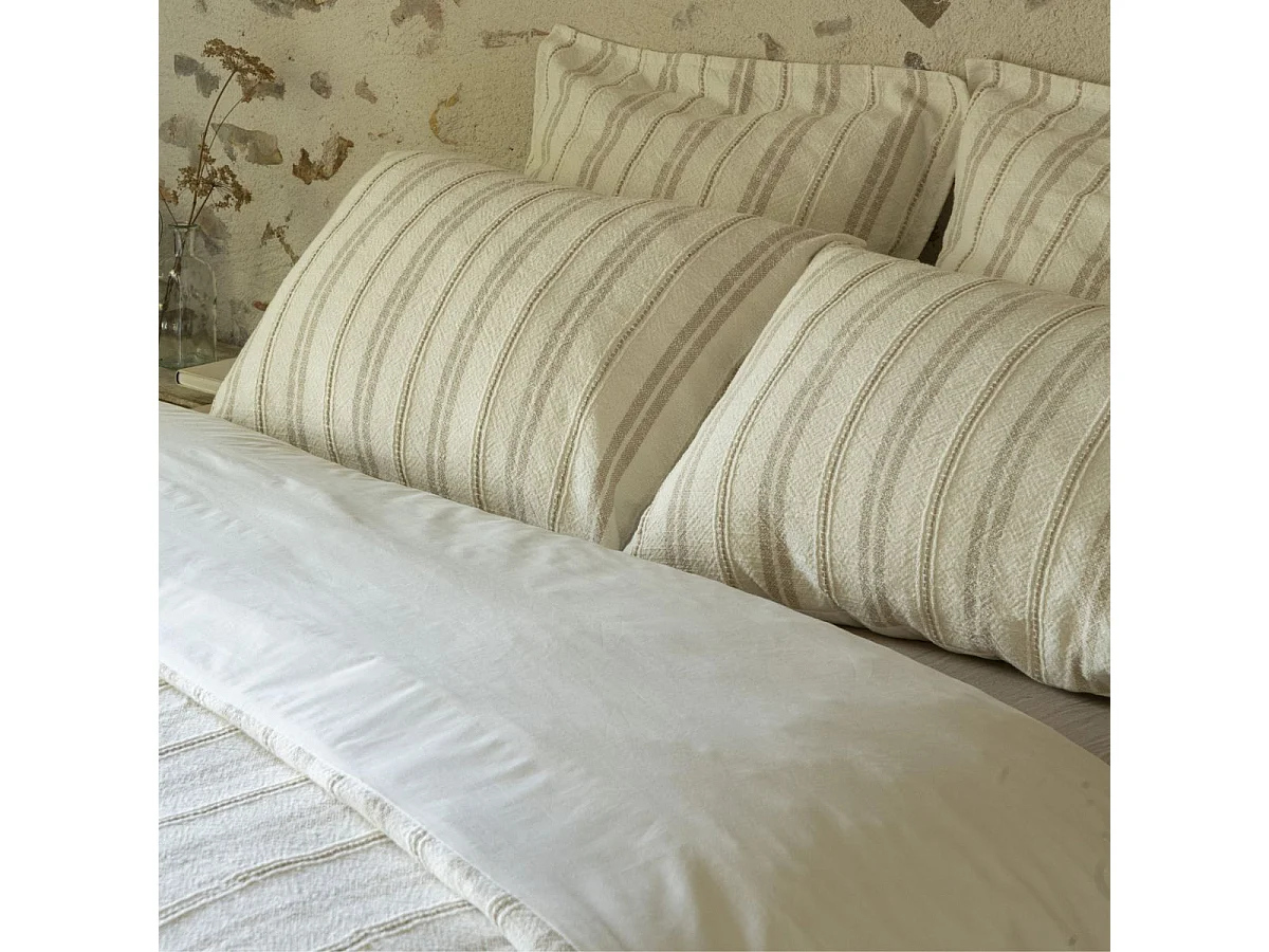 Housse de couette 240x220cm coton tissage texturé coloris blanc rayé beige - TITOUAN