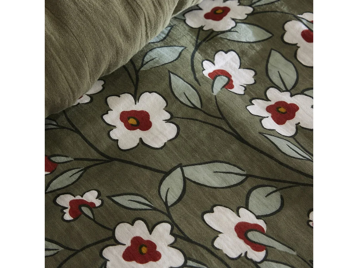 Housse de couette 200x200cm gaze de coton imprimé Floral coloris vert - FLORIANE
