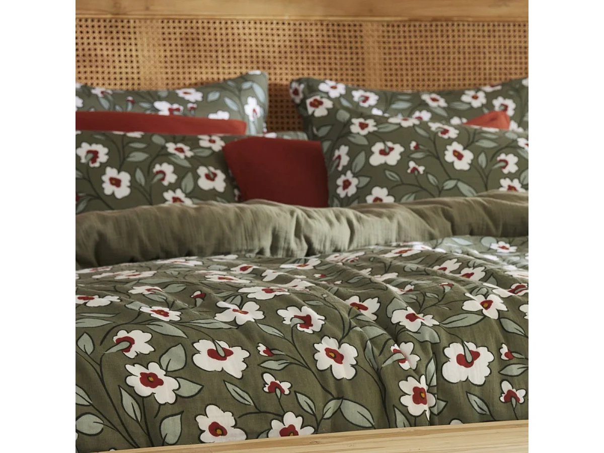 Housse de couette 200x200cm gaze de coton imprimé Floral coloris vert - FLORIANE