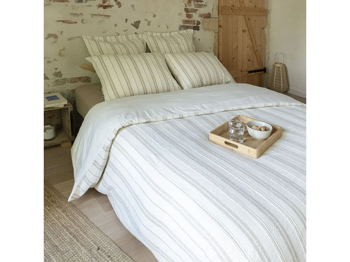 Taie d'oreiller 60x60cm coton tissage texturé coloris blanc rayé beige - TITOUAN