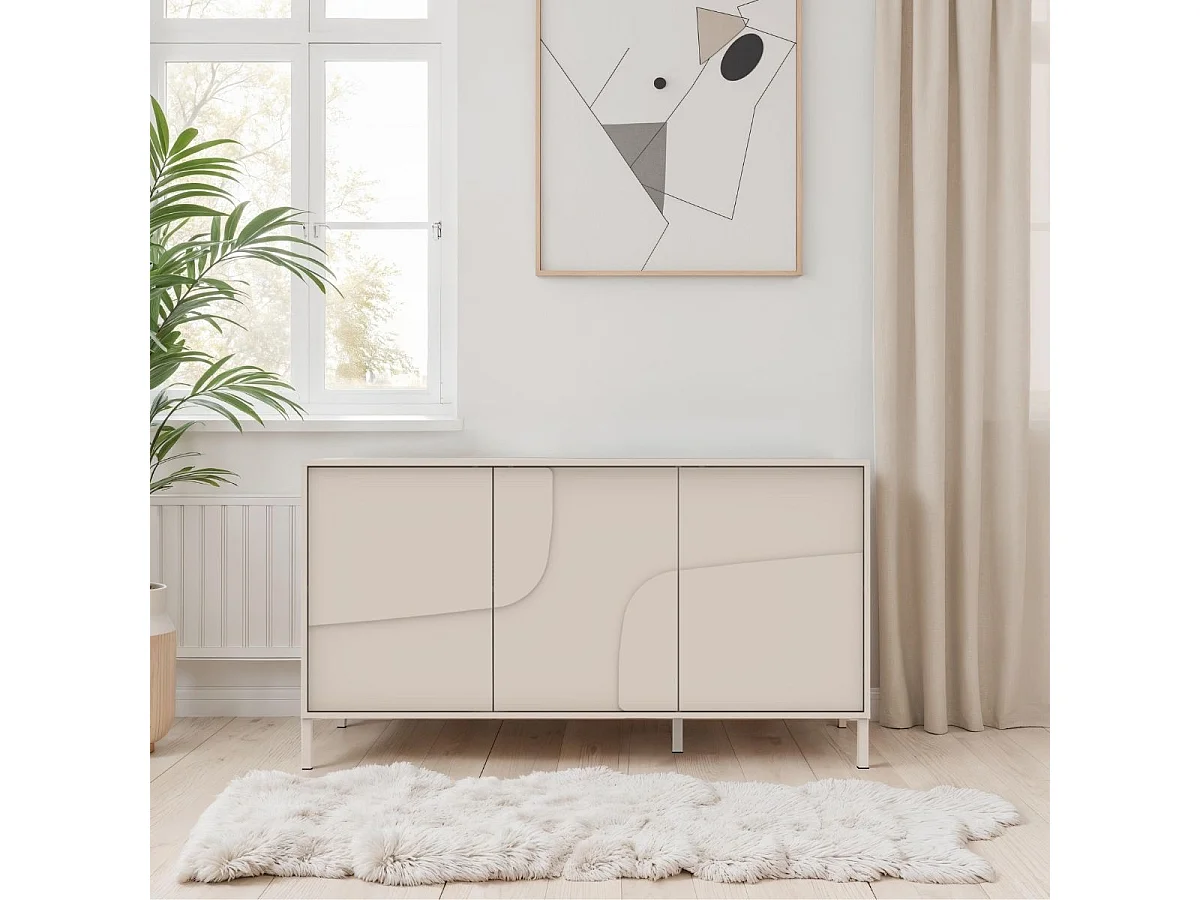 Buffet 3 portes laqué beige façade relief piètement métal - EGERIE