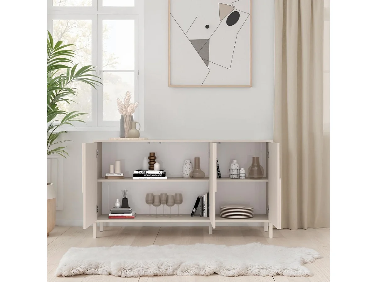 Buffet 3 portes laqué beige façade relief piètement métal - EGERIE