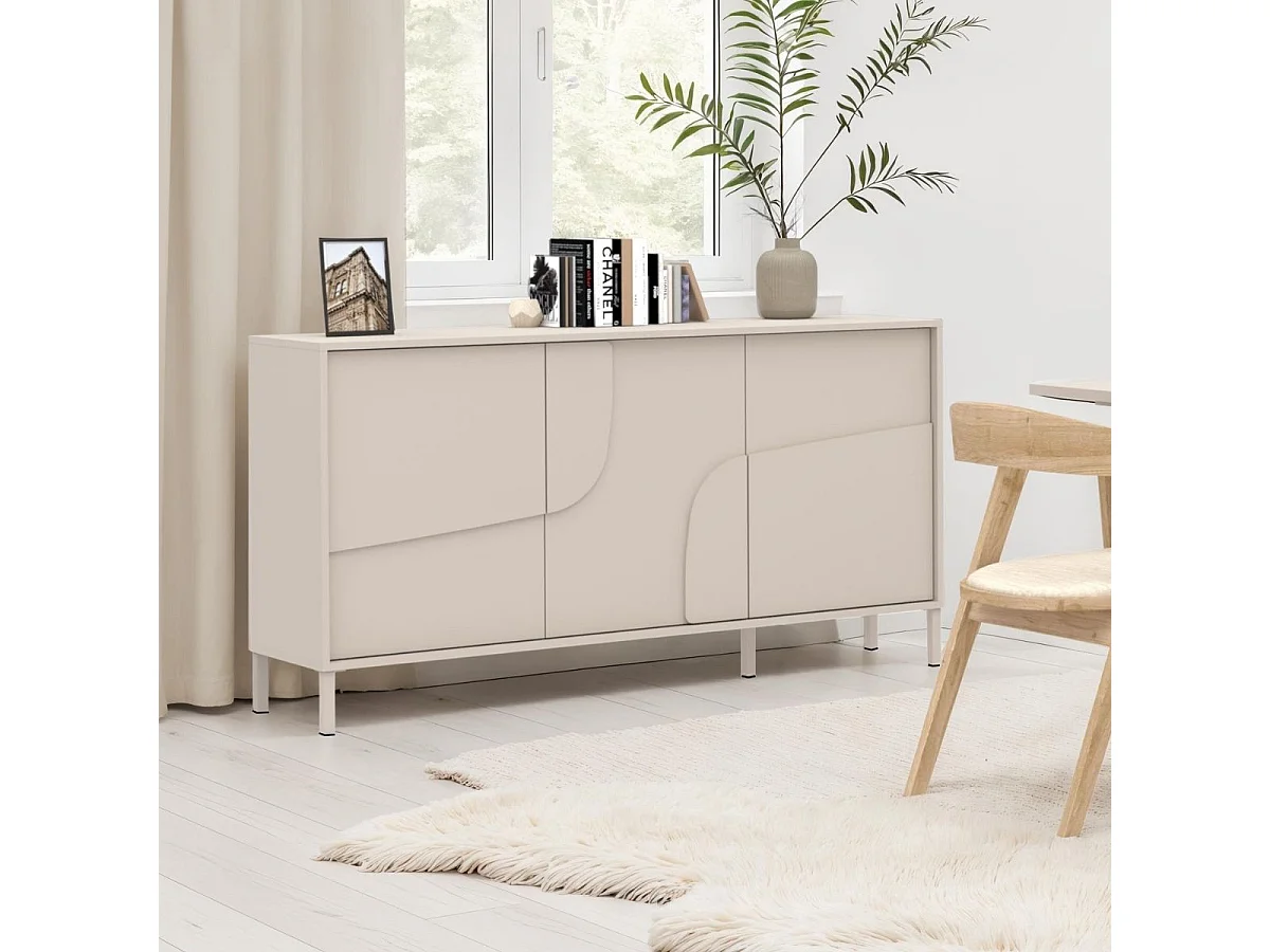 Buffet 3 portes laqué beige façade relief piètement métal - EGERIE