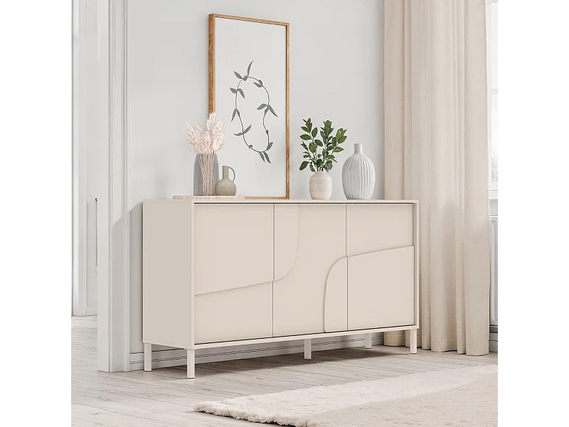 Buffet 3 portes laqué beige façade relief piètement métal - EGERIE