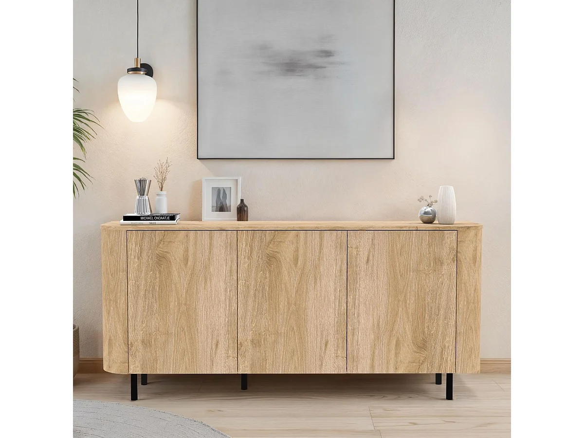 Buffet 3 portes aspect bois finition Cadiz design coins arrondis pieds métal noir - VIVARINI