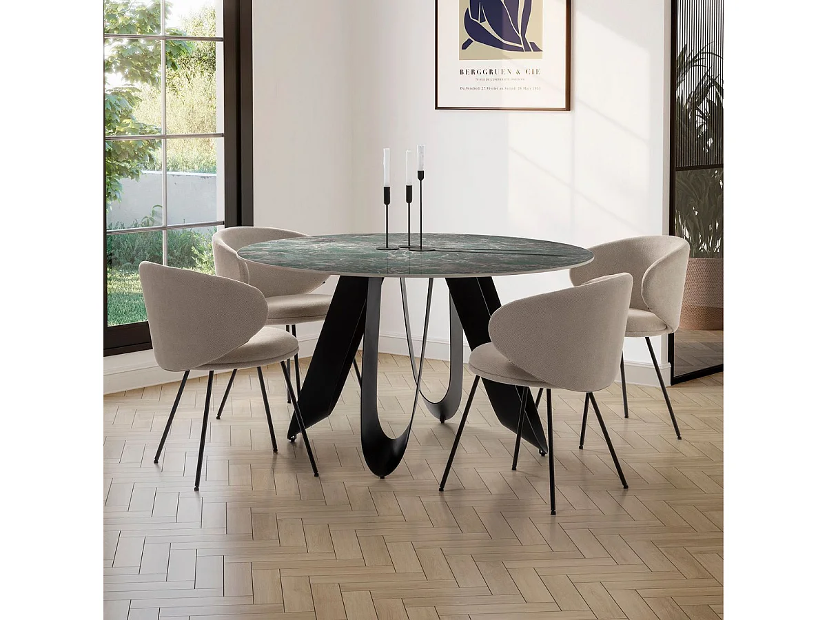 Table de repas design Ø 134 cm avec plateau céramique imitation marbre vert pied métal noir architectural  - LEILA