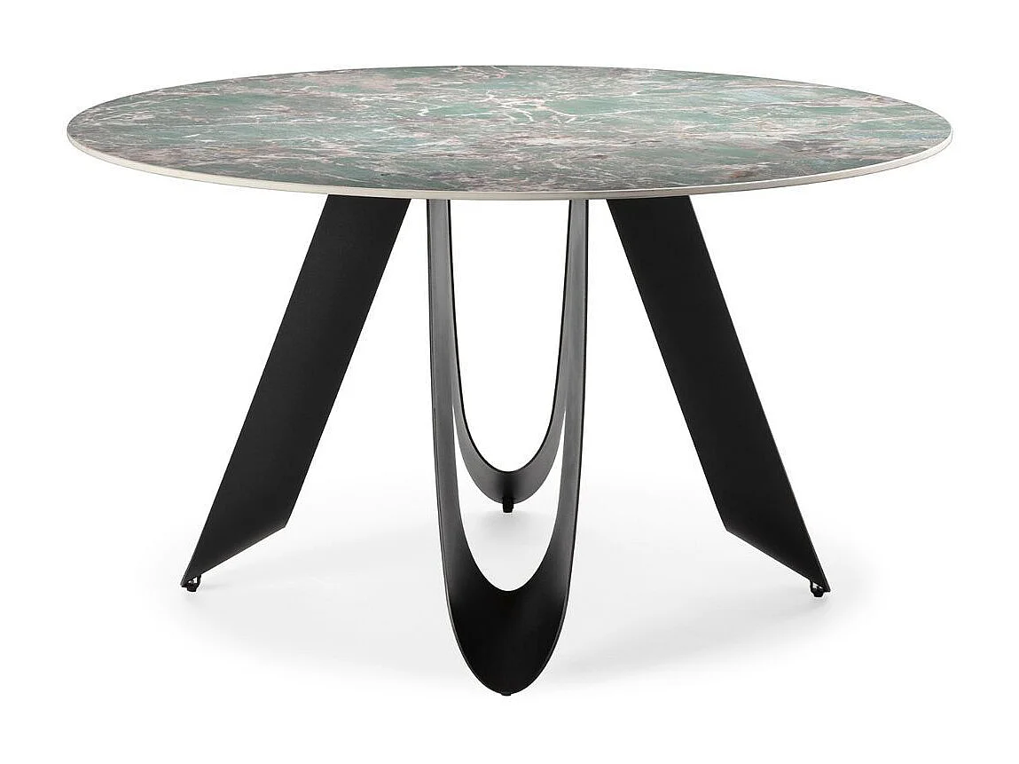 Table de repas design Ø 134 cm avec plateau céramique imitation marbre vert pied métal noir architectural  - LEILA