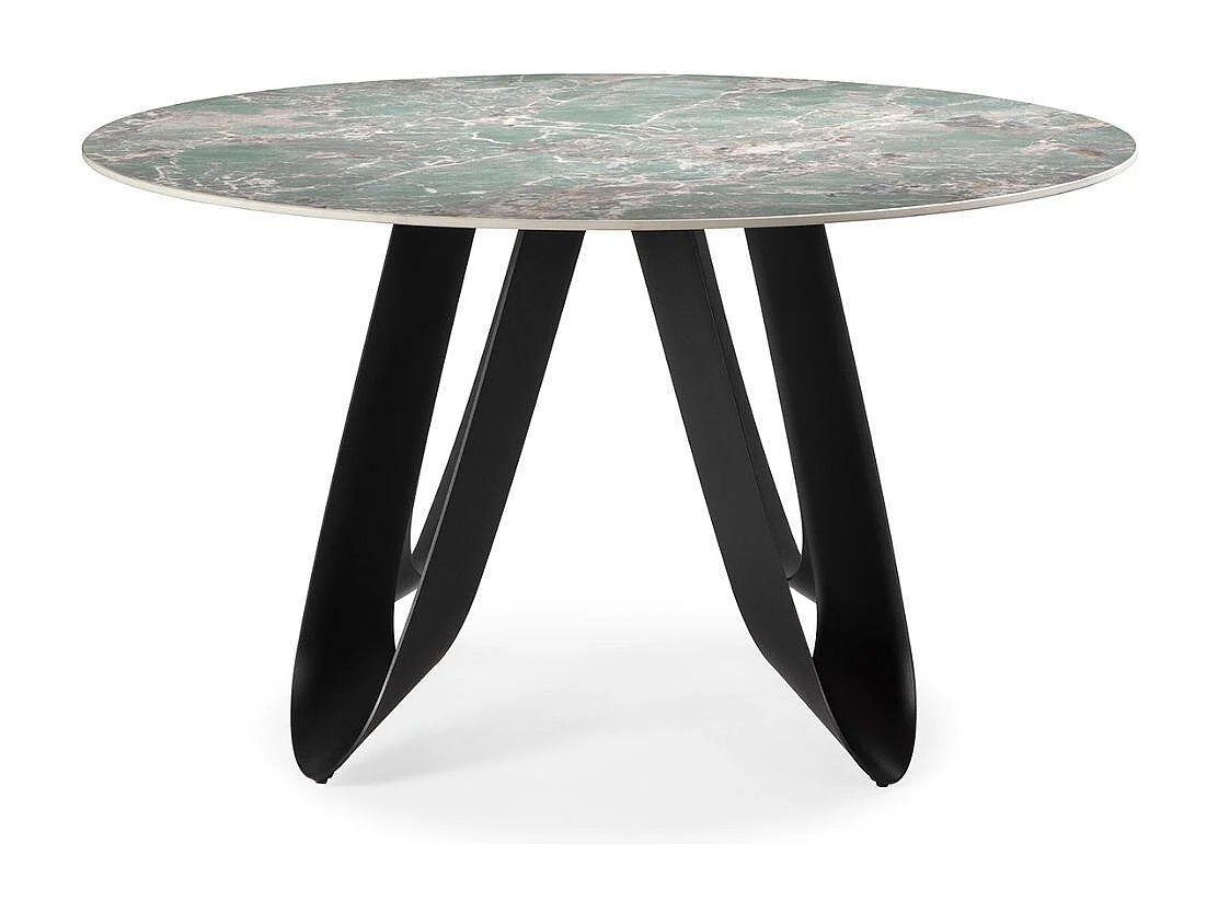 Table de repas design Ø 134 cm avec plateau céramique imitation marbre vert pied métal noir architectural  - LEILA