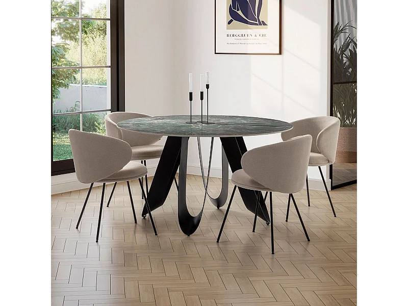 Table de repas design Ø 134 cm avec plateau céramique imitation marbre vert pied métal noir architectural  - LEILA