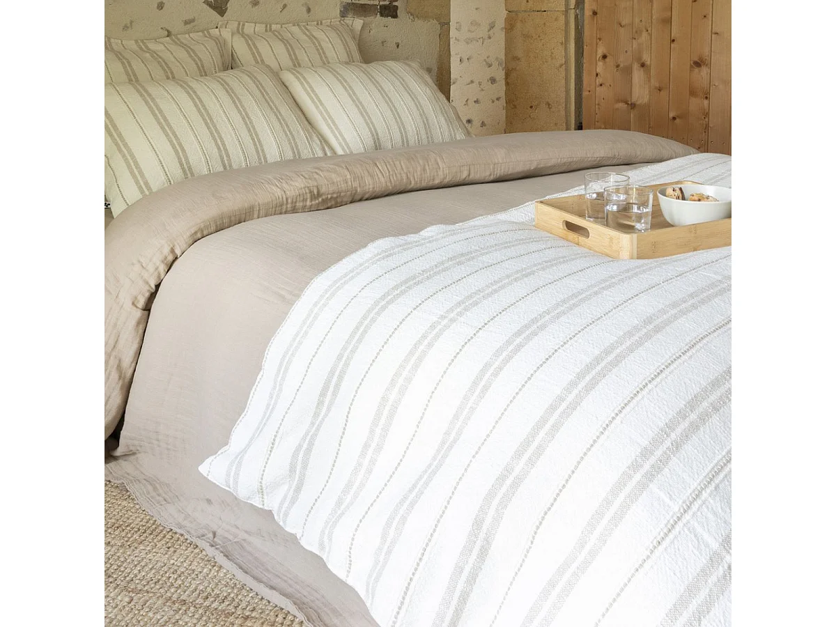 Chemin de lit 90x200cm coton tissage texturé coloris blanc rayé beige - TITOUAN
