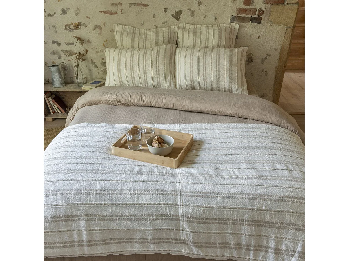 Chemin de lit 90x200cm coton tissage texturé coloris blanc rayé beige - TITOUAN