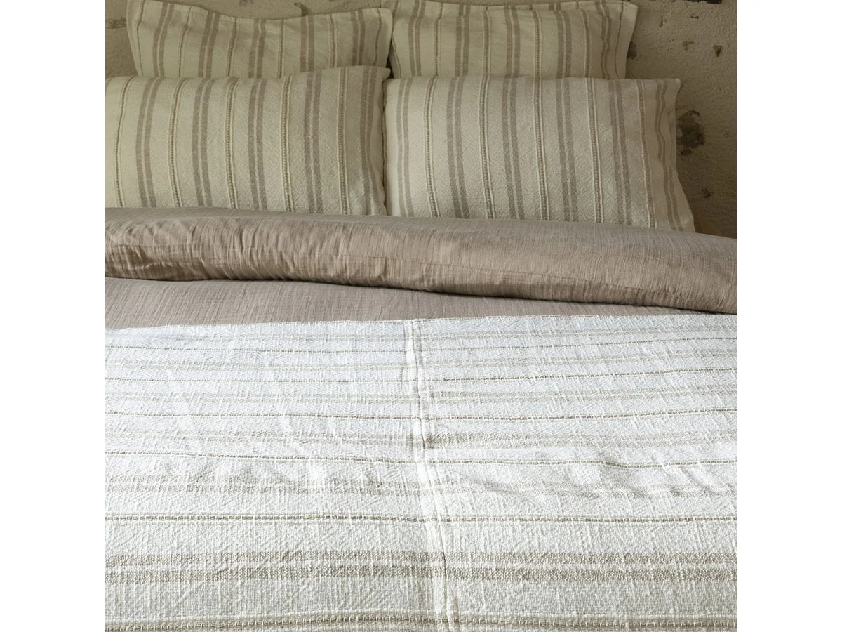 Chemin de lit 90x200cm coton tissage texturé coloris blanc rayé beige - TITOUAN