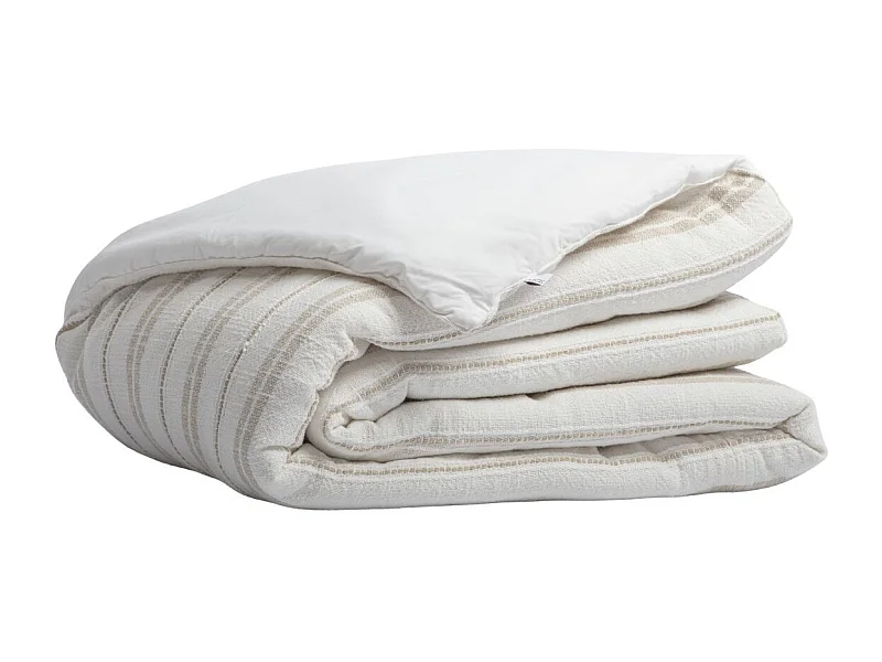 Chemin de lit 90x200cm coton tissage texturé coloris blanc rayé beige - TITOUAN