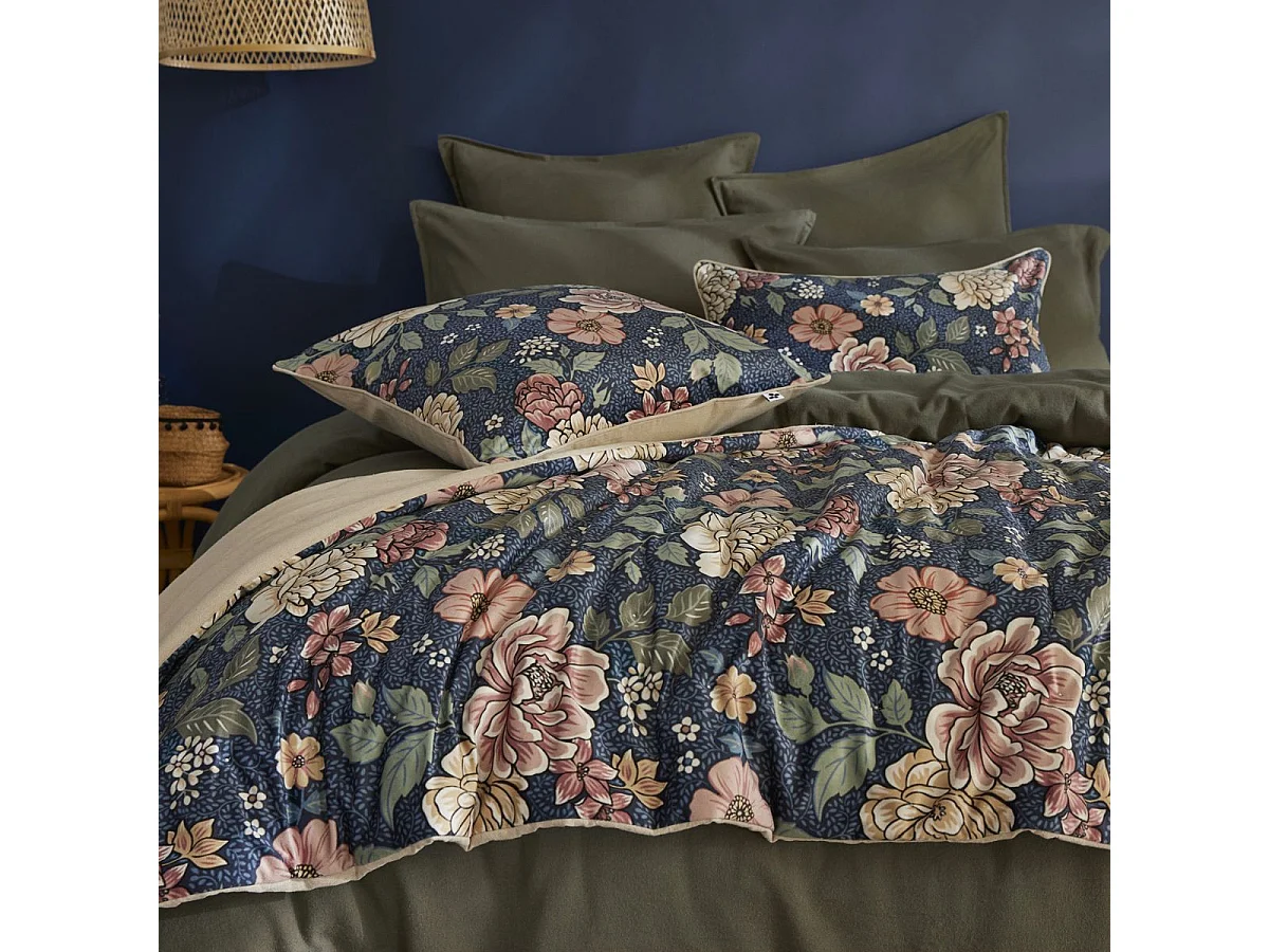 Chemin de lit 90x200cm velours imprimé floral coloris bleu - FAUSTINE