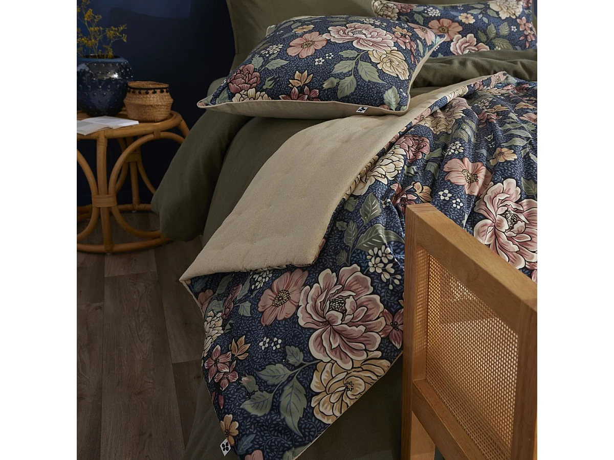 Chemin de lit 90x200cm velours imprimé floral coloris bleu - FAUSTINE