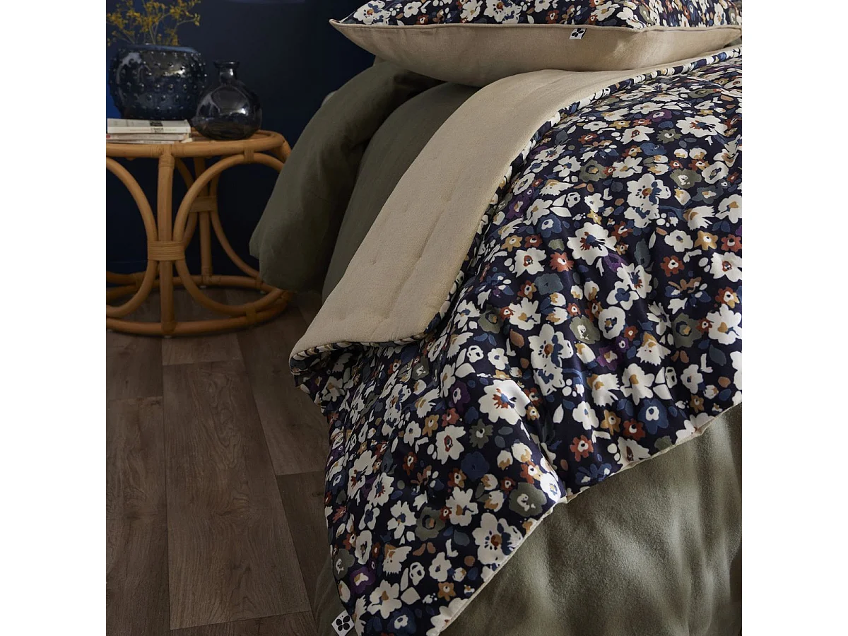 Chemin de lit 90x200cm velours imprimé petites fleurs coloris bleu marine - CORINNE