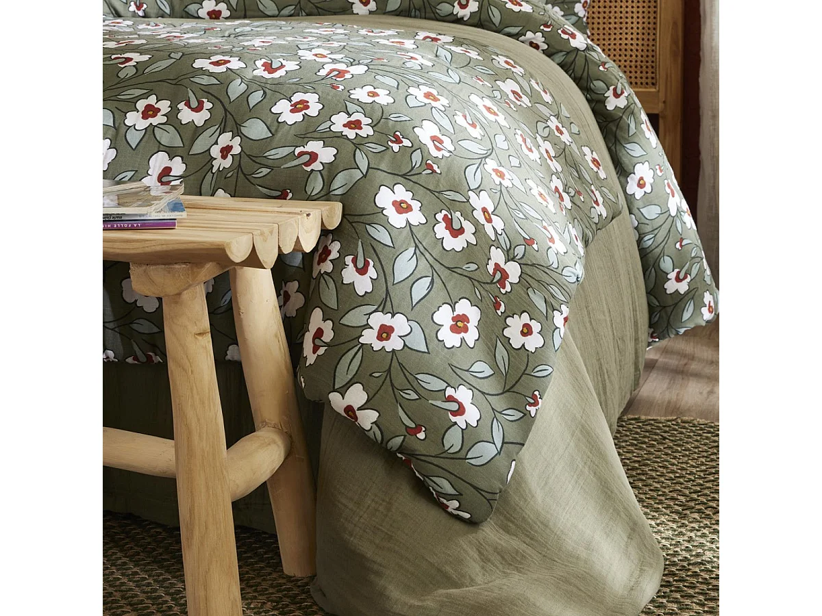 Chemin de lit 90x200cm gaze de coton imprimé Floral coloris vert - FLORIANE