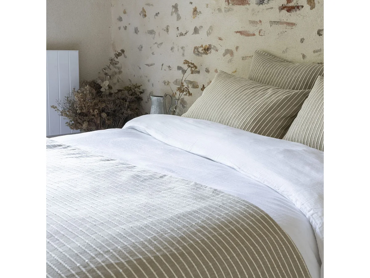 Chemin de lit 90x200cm coton tissage texturé coloris beige et blanc - TIMEA