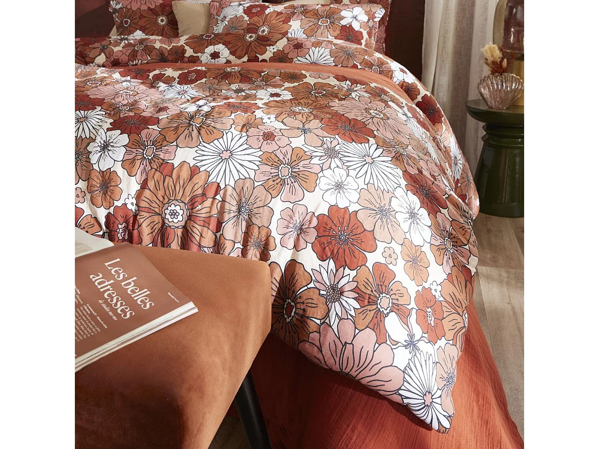 Chemin de lit 90x200cm gaze de coton imprimé Floral coloris terracotta - ANASTASIA
