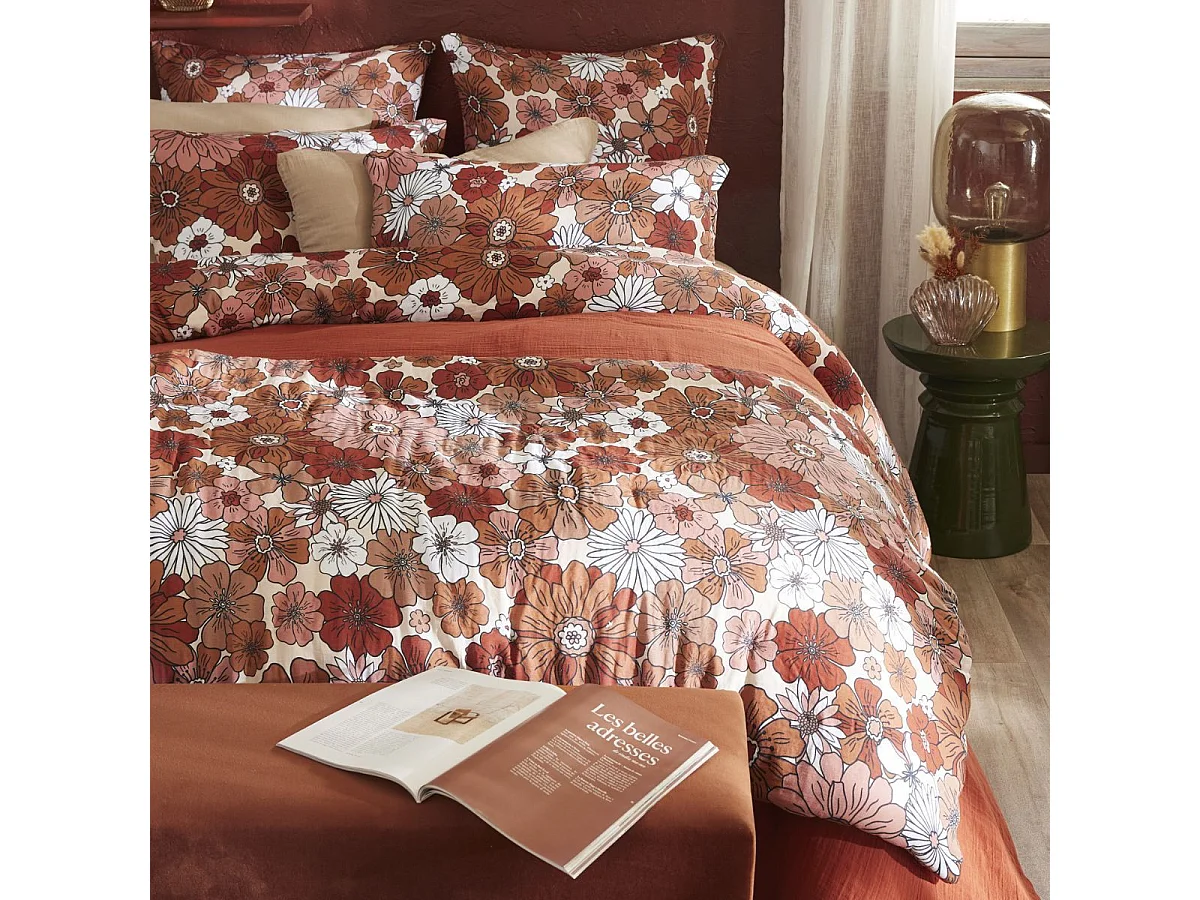 Chemin de lit 90x200cm gaze de coton imprimé Floral coloris terracotta - ANASTASIA
