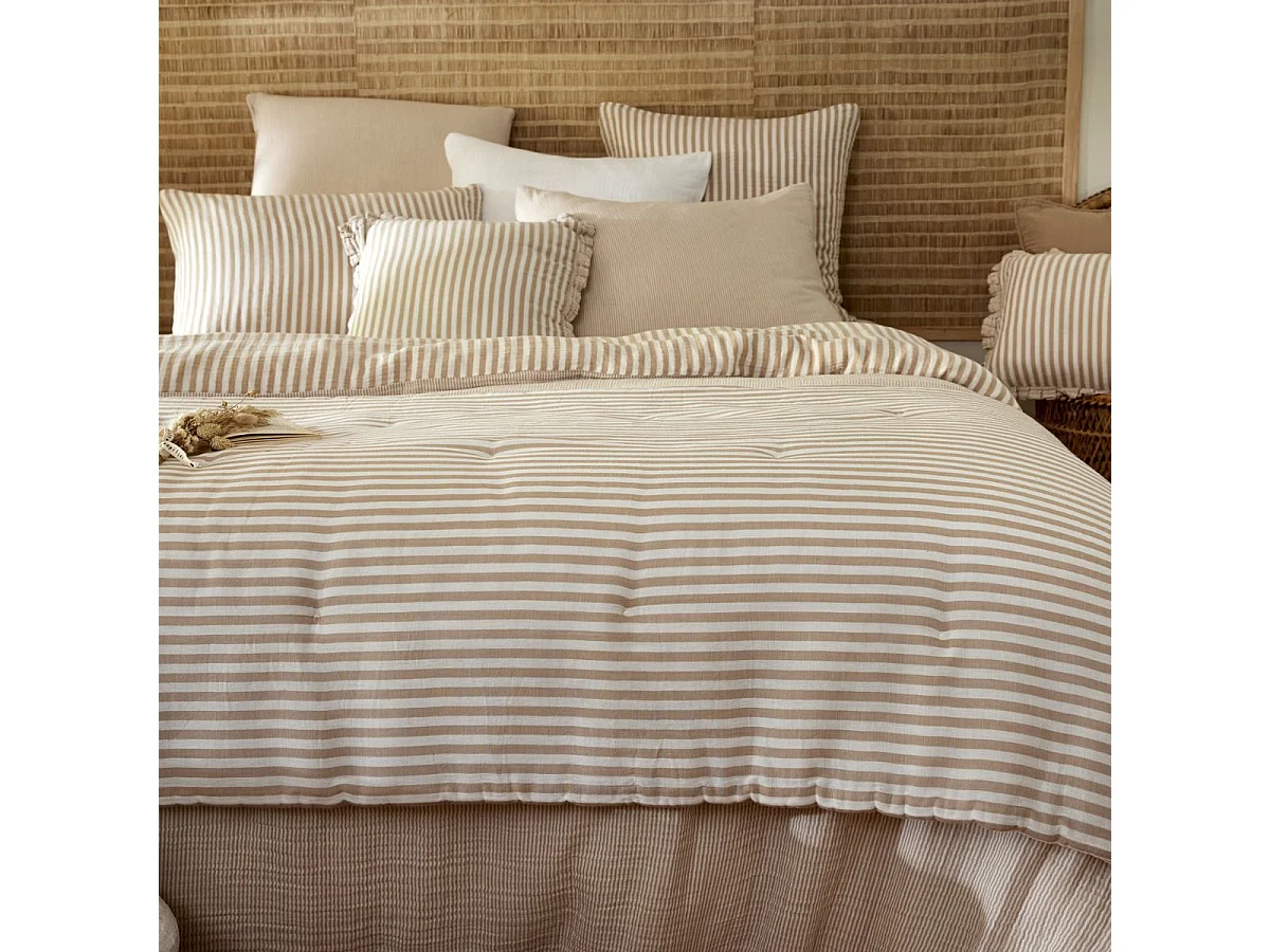 Chemin de lit 90x200cm gaze de coton tissé rayé beige - ROMELIA