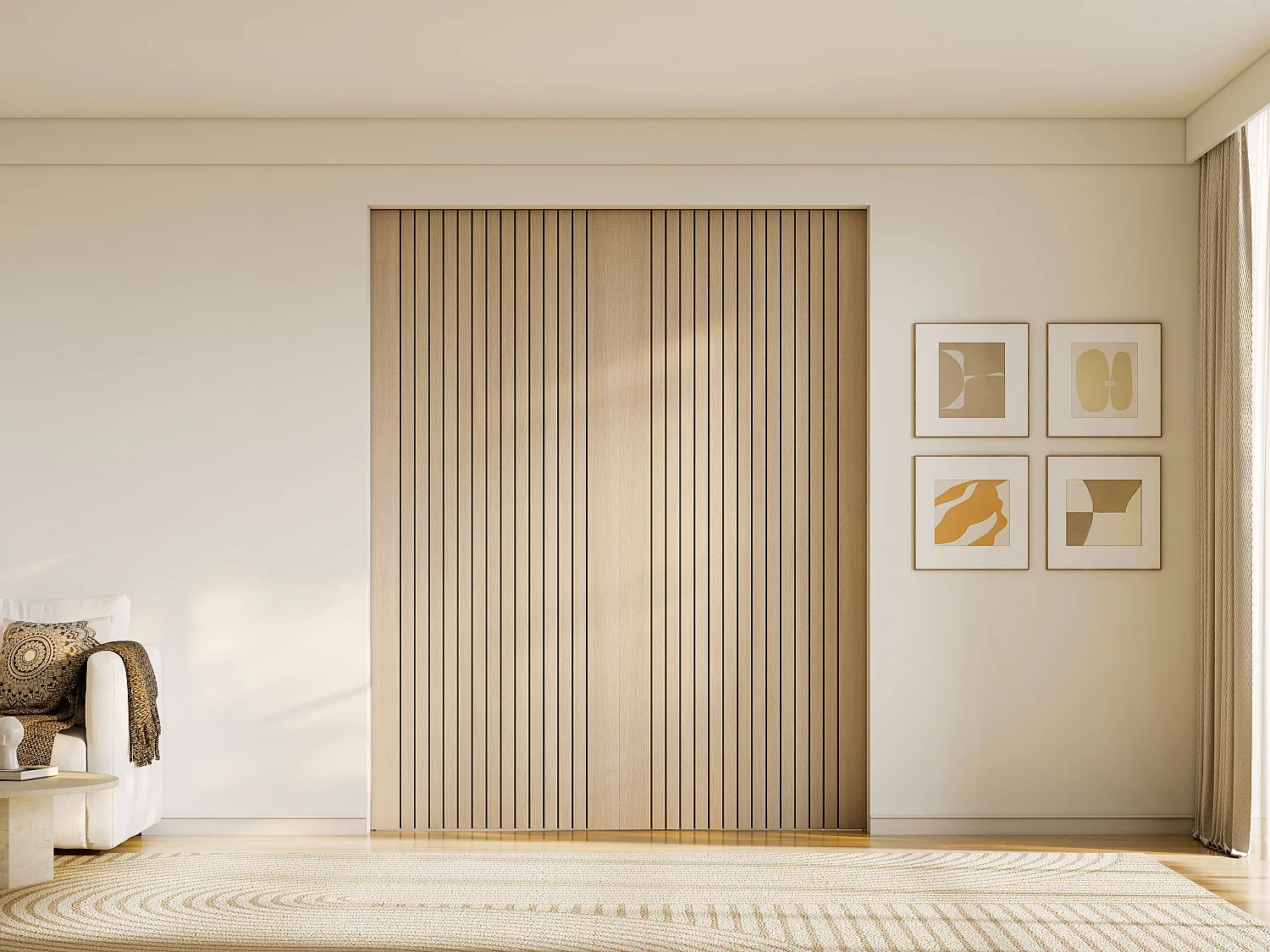 Porte coulissante double avec système à galandage en bois et MDF striée - 2 x H205 x L93 cm - AREZO