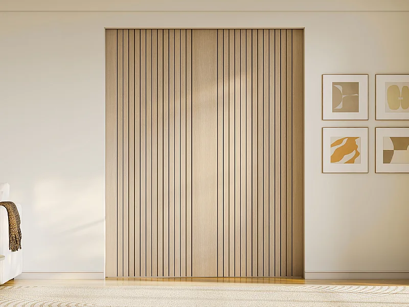 Porte coulissante double avec système à galandage en bois et MDF striée - 2 x H205 x L93 cm - AREZO