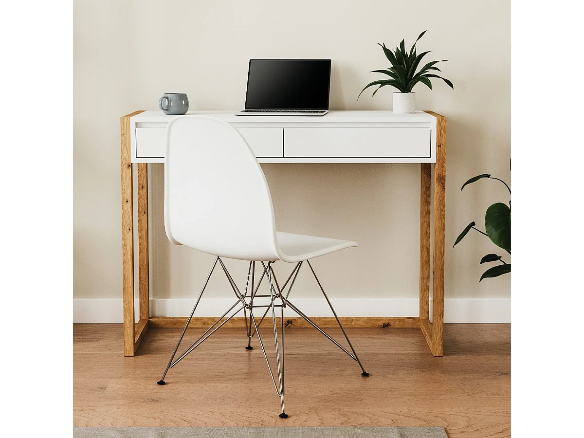 Bureau 2 tiroirs blanc et effet Chêne 100 cm - Nora