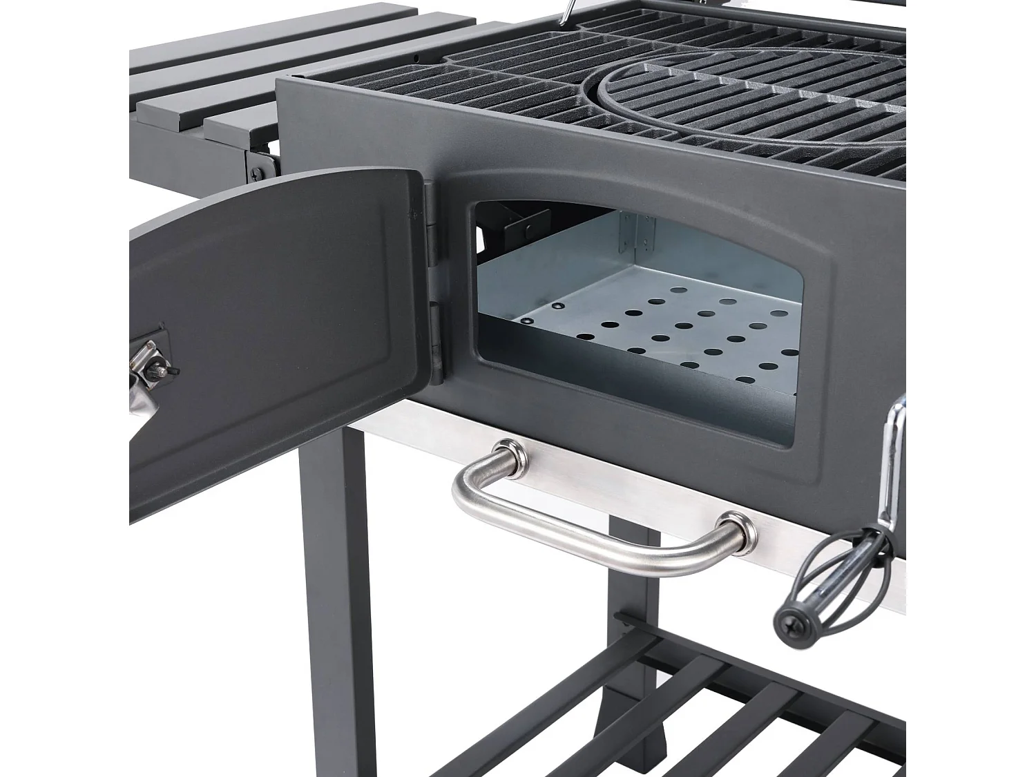 Barbecue Grill charbon de bois noir - Fumoir avec récupérateur de cendres. aérateurs. bac charbon ajustable. tablettes rabattables et housse