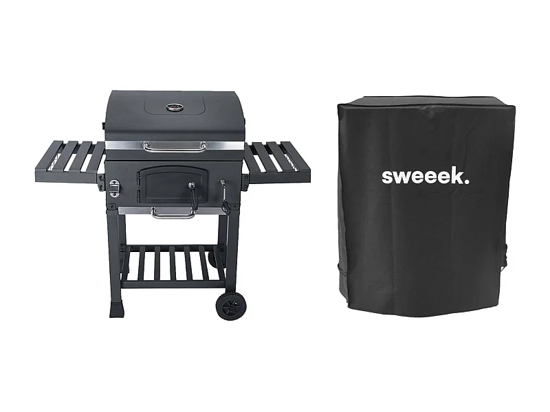 Barbecue Grill charbon de bois noir - Fumoir avec récupérateur de cendres. aérateurs. bac charbon ajustable. tablettes rabattables et housse