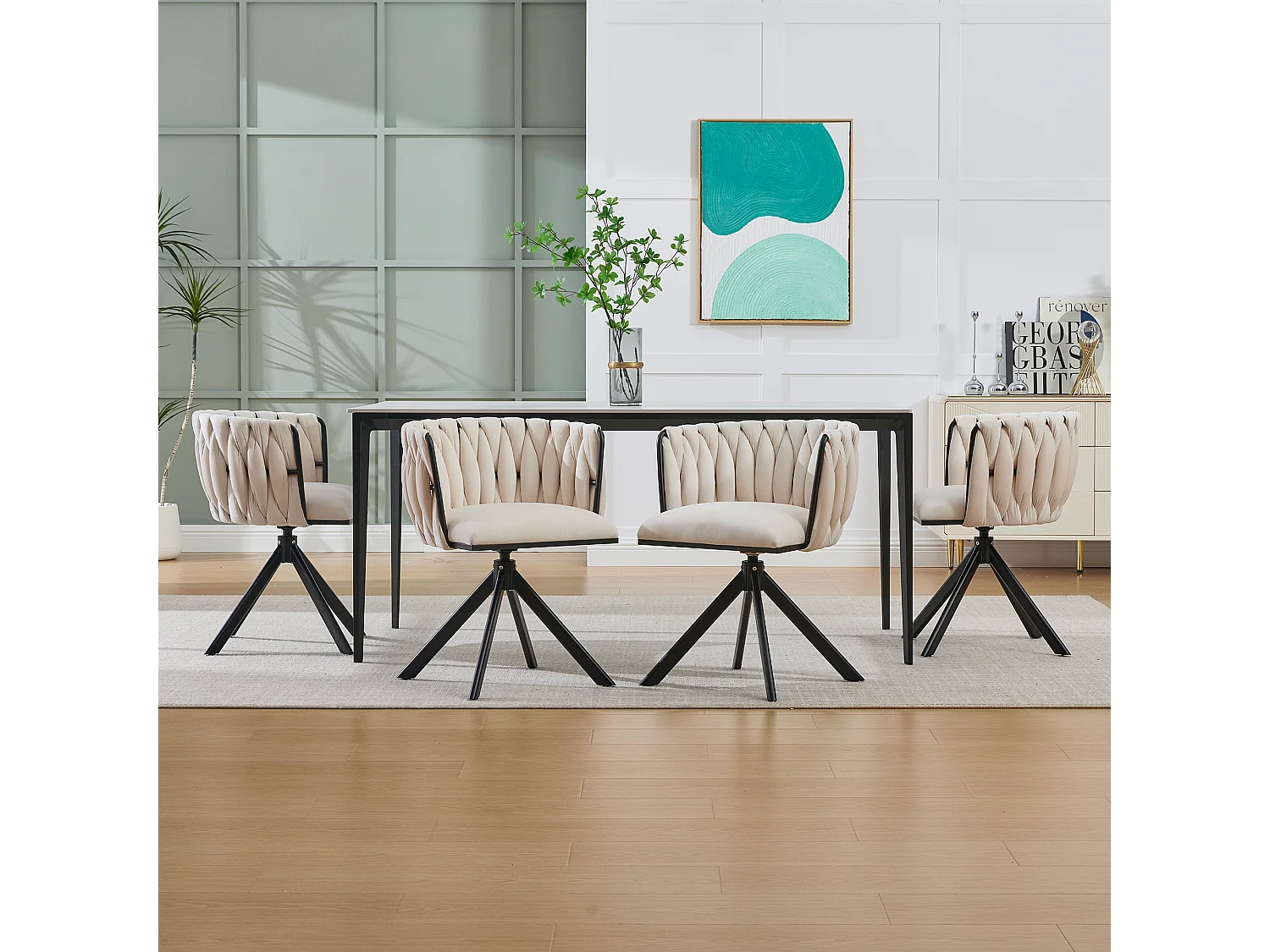 Lot de 2 chaises de salle à manger pivotantes à 180°, pour le salon, pied en métal noir, Velours iovoire